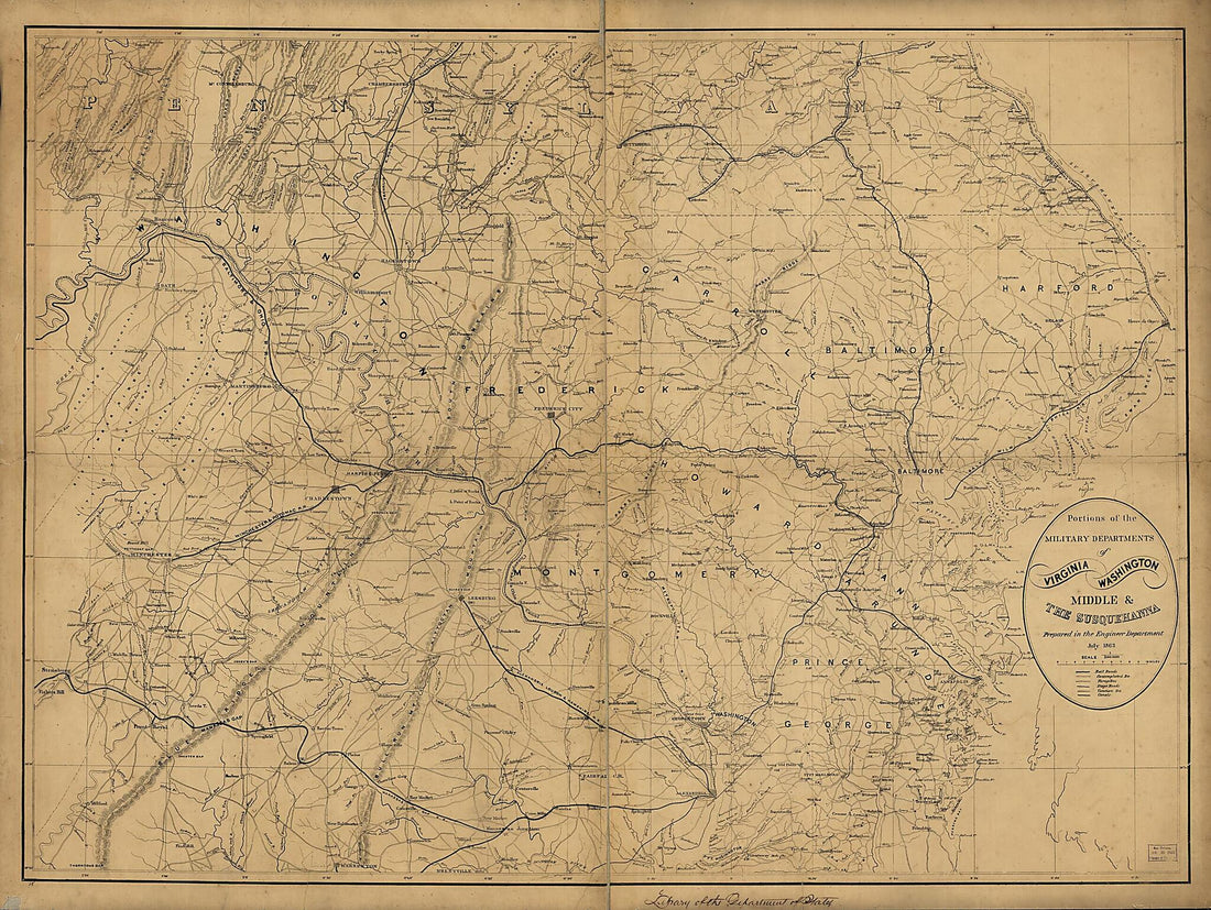 This old map of Portions of the Military Departments of Virginia, Washington, Middle & the Susquehanna from 1863 was created by United States. Army. Corps of Engineers in 1863