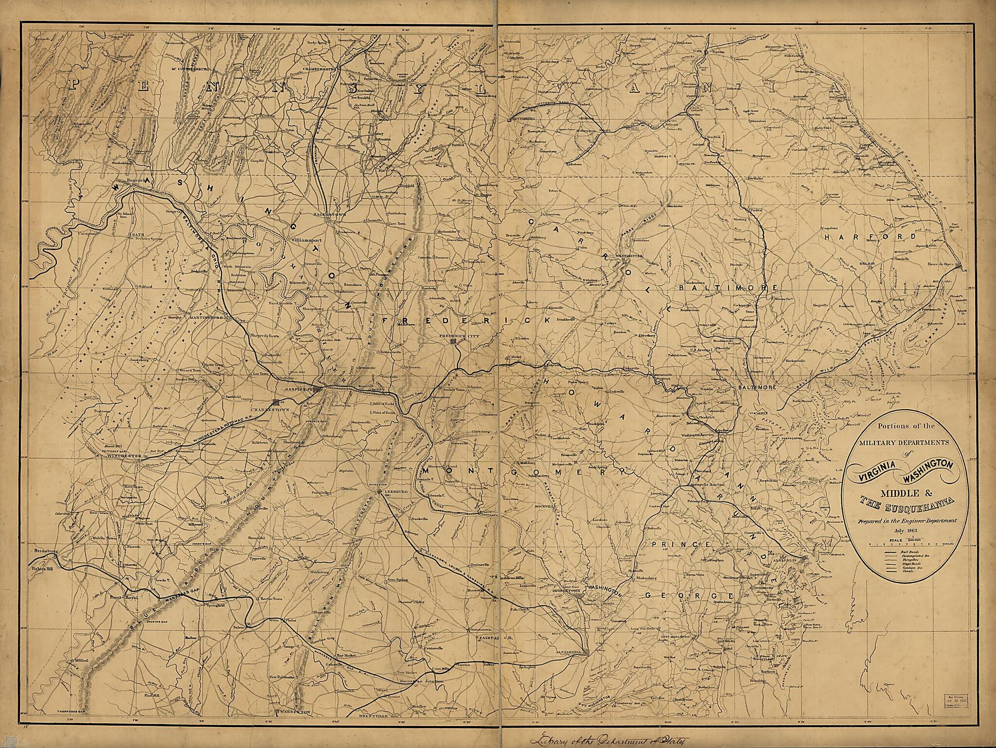 This old map of Portions of the Military Departments of Virginia, Washington, Middle & the Susquehanna from 1863 was created by United States. Army. Corps of Engineers in 1863