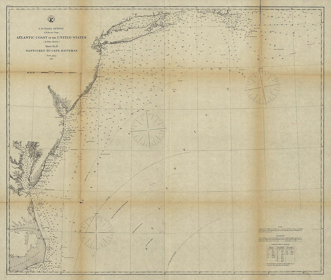 This old map of Atlantic Coast of the United States (in Four Sheets), Sheet No. II, Nantucket to Cape Hatteras from 1863 was created by A. D. (Alexander Dallas) Bache, United States Coast Survey in 1863