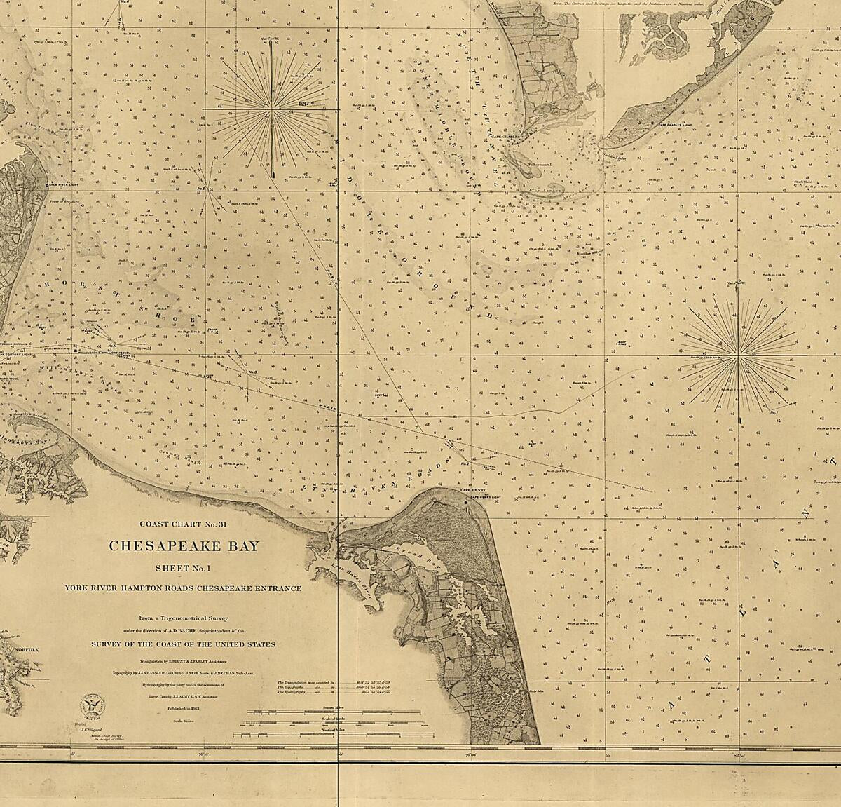 This old map of Chesapeake Bay, Sheet No. 1, York River, Hampton Roads, Chesapeake Entrance from 1863 was created by  United States Coast Survey in 1863