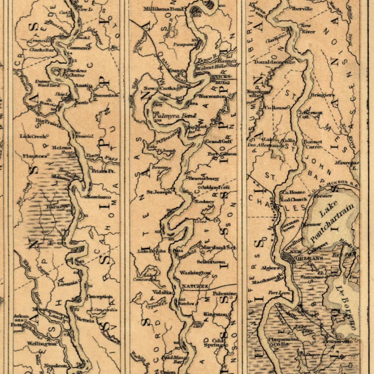 This old map of Chart of the Mississippi River from the Ohio River to Gulf of Mexico from 1863 was created by Jacob Wells in 1863