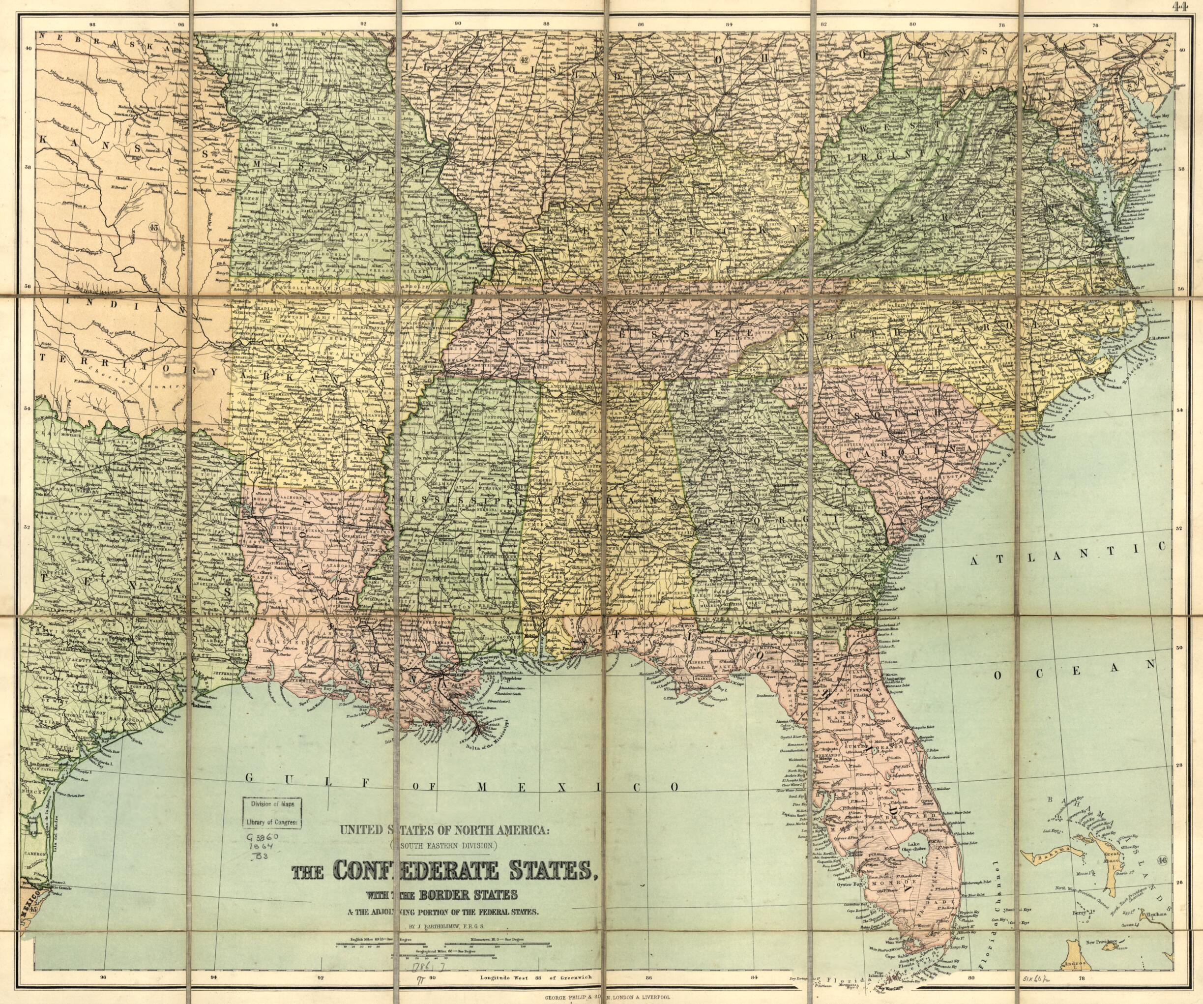 This old map of The Confederate States, With the Border States & the Adjoining Portion of the Federal States from 1864 was created by John Bartholomew in 1864