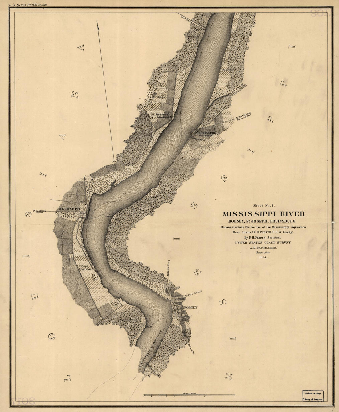 This old map of Mississippi River from 1864 was created by F. H. Gerdes, United States Coast Survey in 1864