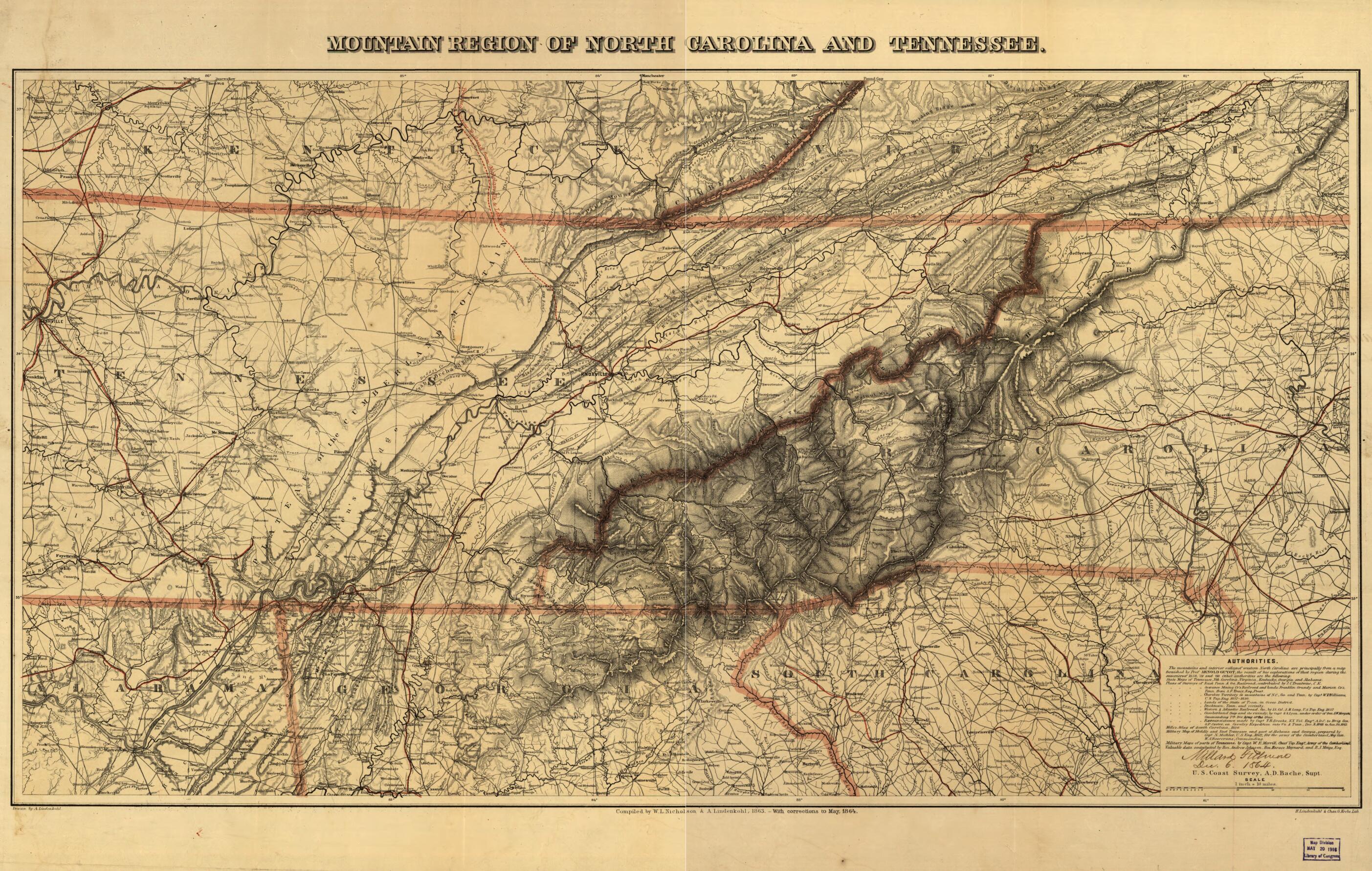This old map of Mountain Region of North Carolina and Tennessee from 1864 was created by Millard Fillmore, Joseph R. (Joseph Roswell) Hawley, Charles G. Krebs, A. Lindenkohl, H. (Henry) Lindenkohl, W. L. Nicholson, U.S. Coast and Geodetic Survey in 1864