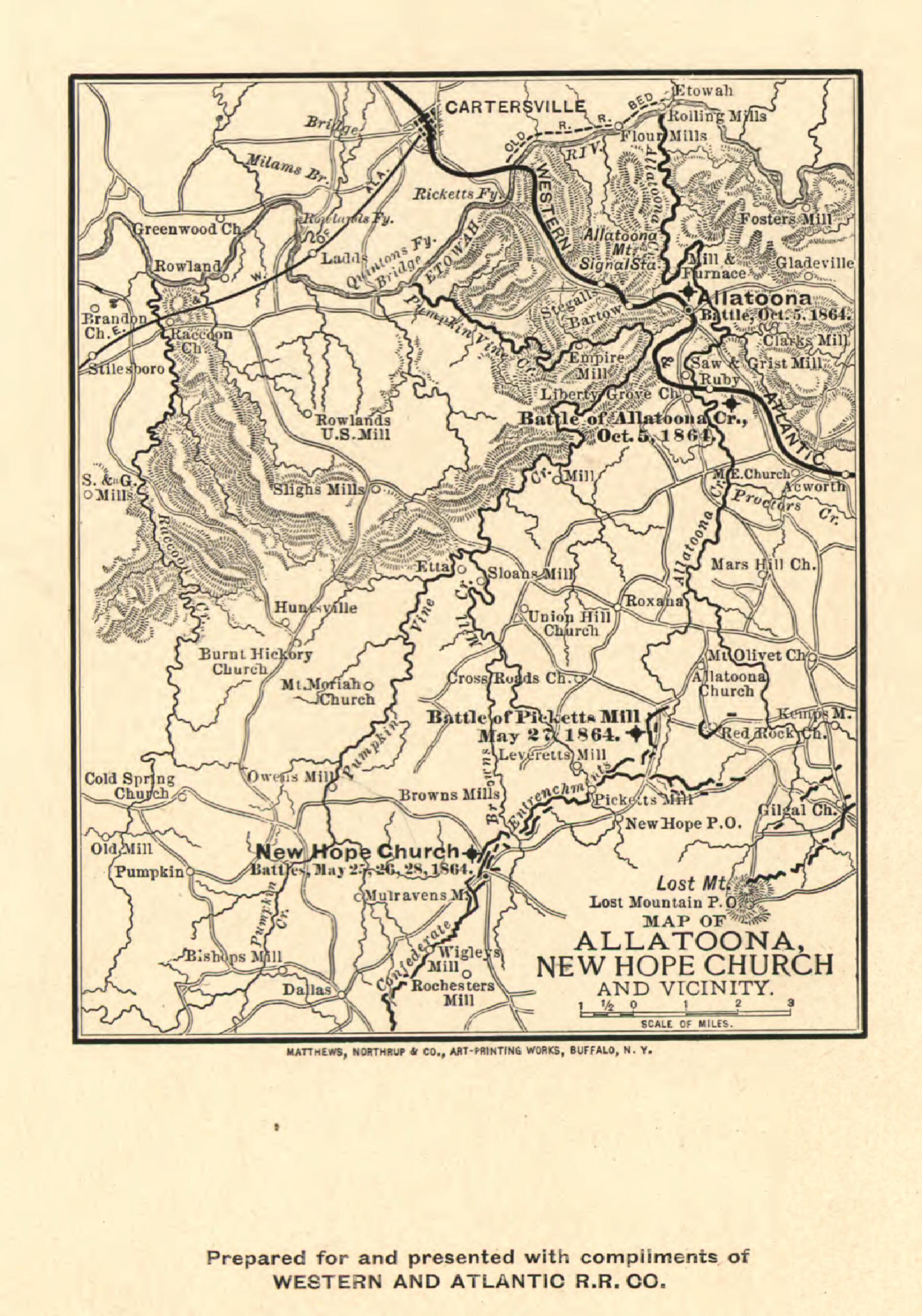 This old map of Map of Allatoona, New Hope Church and Vicinity from 1864 was created by Western and Atlantic Railroad Company in 1864