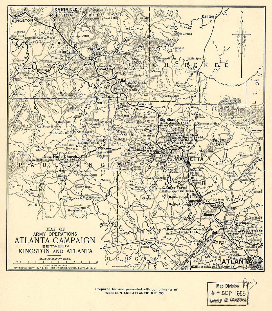 This old map of Map of Army Operations Atlanta Campaign Between Kingston and Atlanta from 1864 was created by Western and Atlantic Railroad Company in 1864