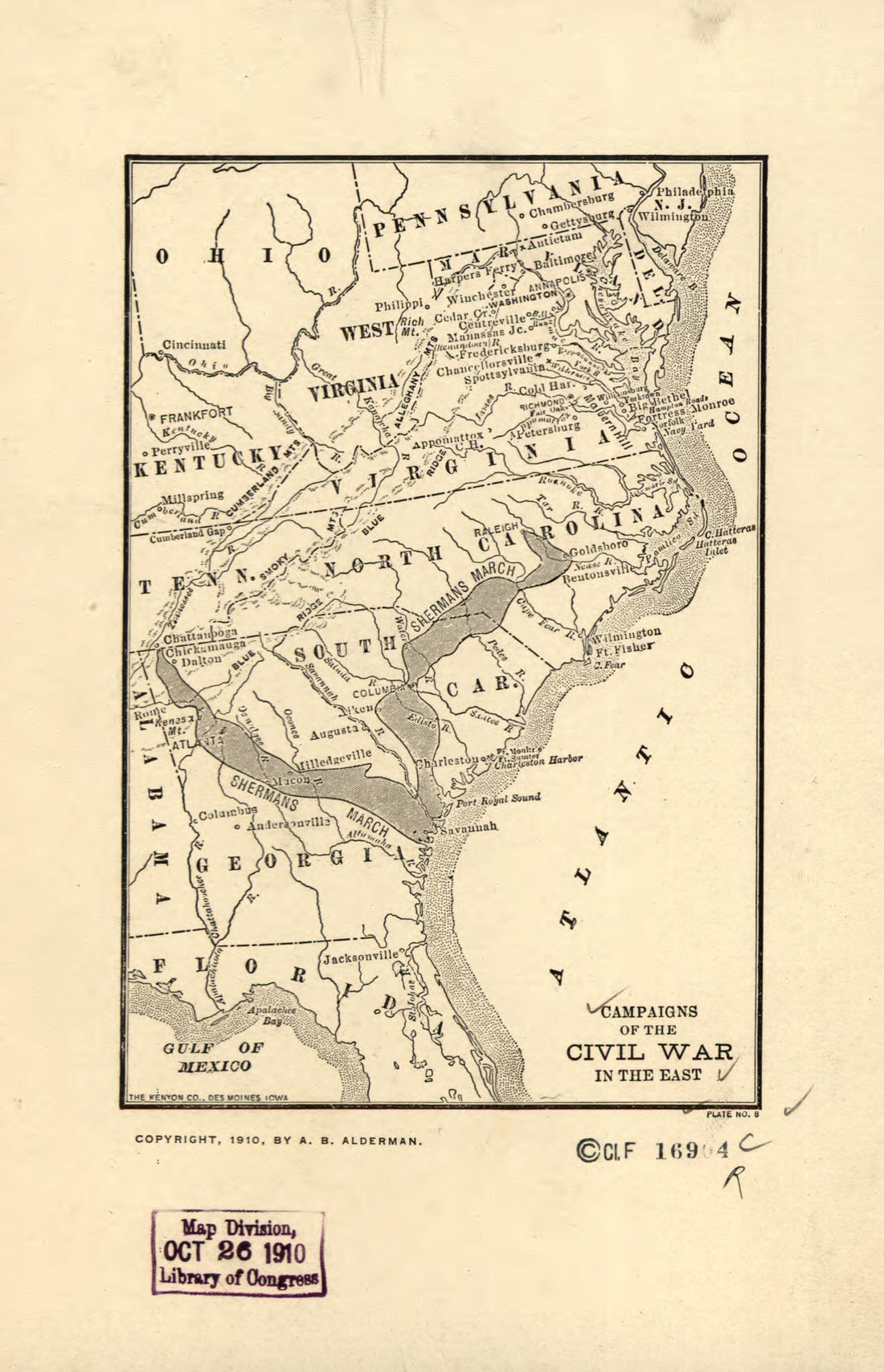 This old map of Campaigns of the Civil War In the East from 1865 was created by Kenyon Company in 1865