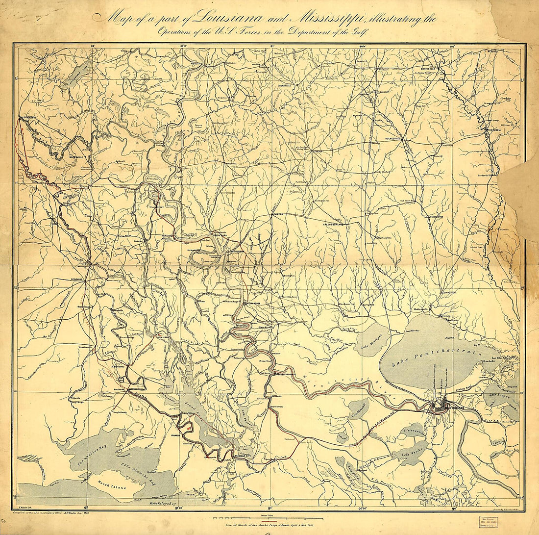 This old map of Map of a Part of Louisiana and Mississippi, Illustrating the Operations of the U.S. Forces, In the Department of the Gulf from 1863 was created by A. D. (Alexander Dallas) Bache, H. (Henry) Lindenkohl, United States Coast Survey in 1863