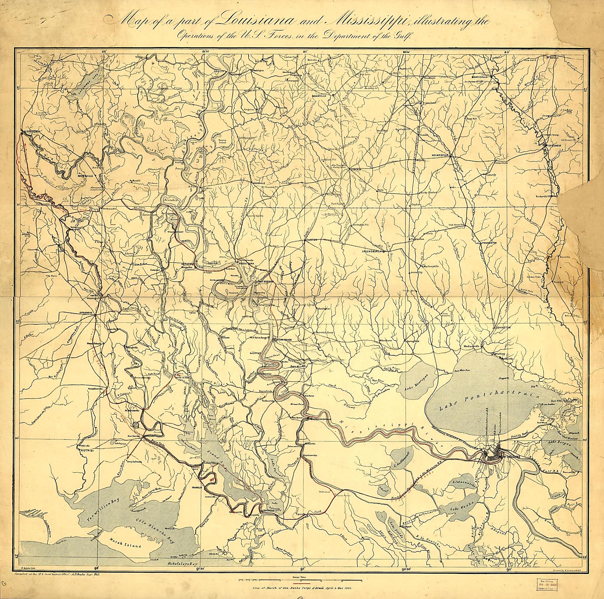 This old map of Map of a Part of Louisiana and Mississippi, Illustrating the Operations of the U.S. Forces, In the Department of the Gulf from 1863 was created by A. D. (Alexander Dallas) Bache, H. (Henry) Lindenkohl, United States Coast Survey in 1863