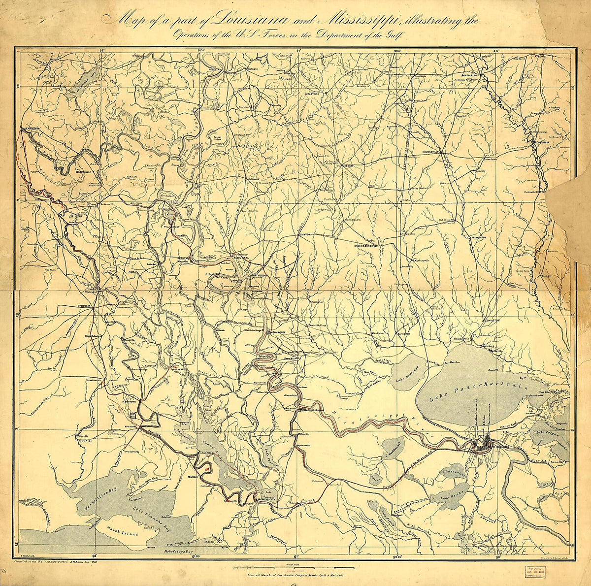 Map of a Part of Louisiana and Mississippi, Illustrating the Operations of the U.S. Forces, In the Department of the Gulf 1863 by Relic Map Company