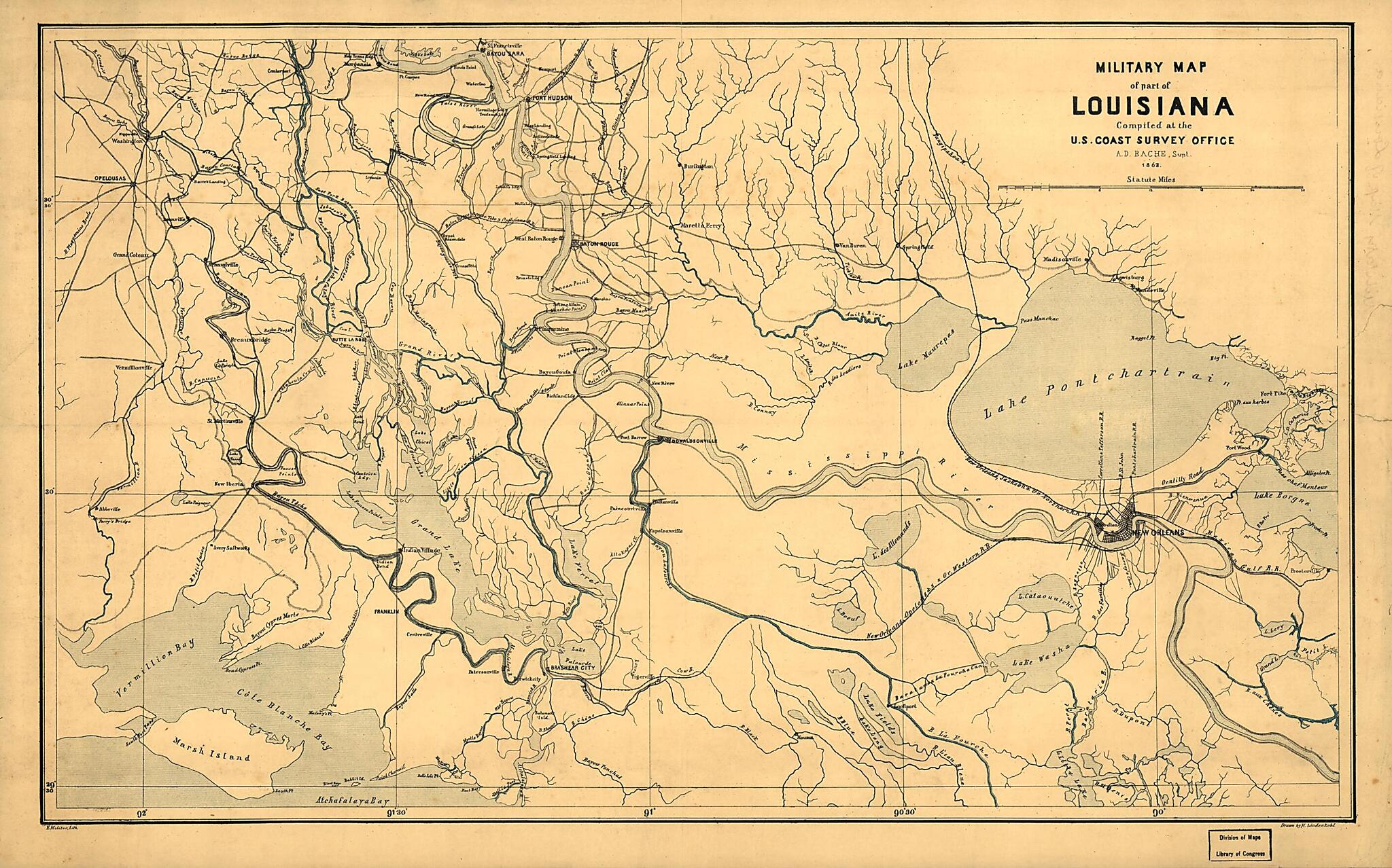 This old map of Military Map of Part of Louisiana from 1863 was created by A. D. (Alexander Dallas) Bache, H. (Henry) Lindenkohl, United States Coast Survey in 1863