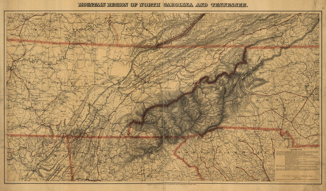 This old map of Mountain Region of North Carolina and Tennessee from 1865 was created by Charles G. Krebs, A. Lindenkohl, H. (Henry) Lindenkohl, W. L. Nicholson, United States Coast Survey in 1865