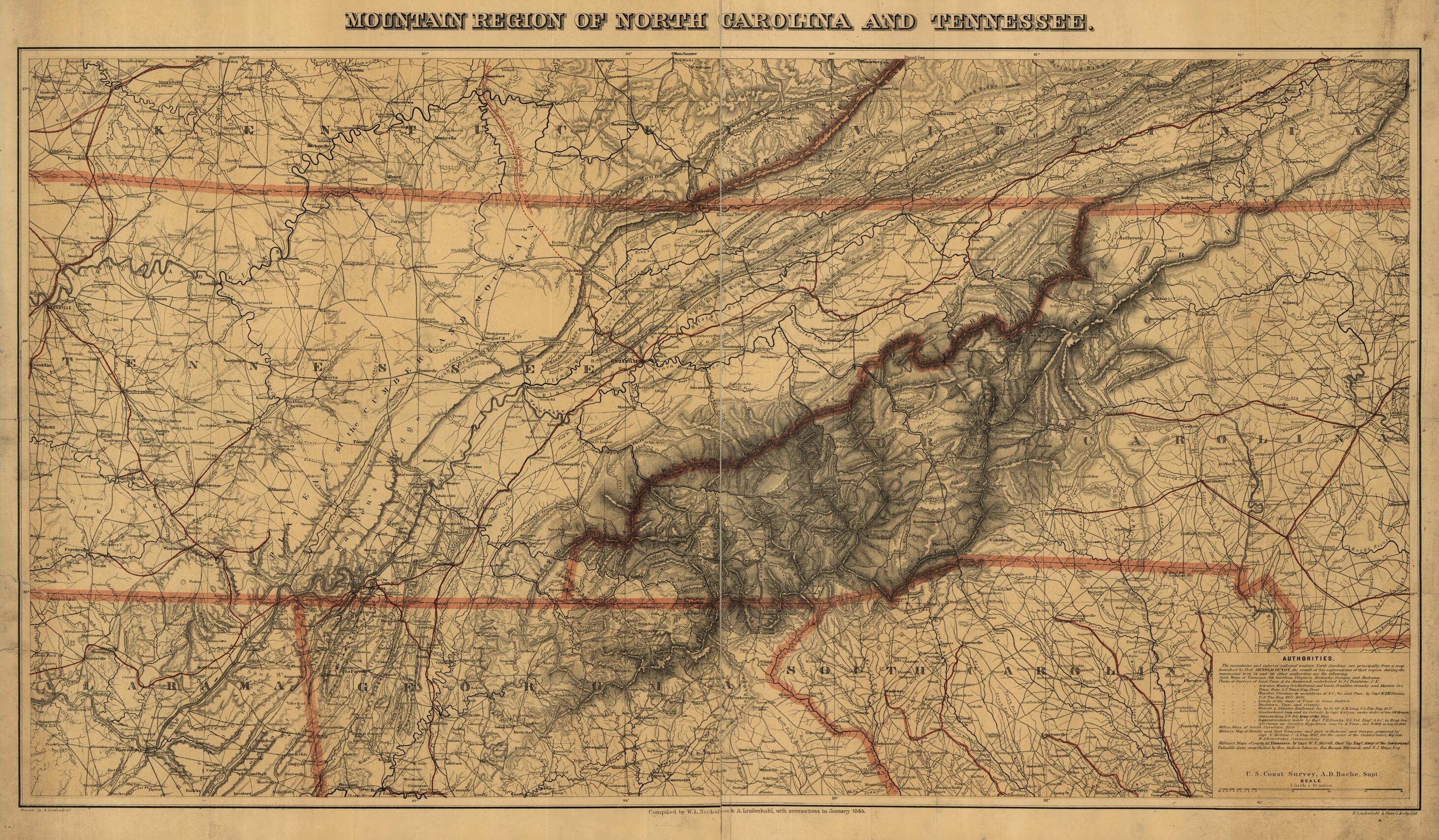 This old map of Mountain Region of North Carolina and Tennessee from 1865 was created by Charles G. Krebs, A. Lindenkohl, H. (Henry) Lindenkohl, W. L. Nicholson, United States Coast Survey in 1865