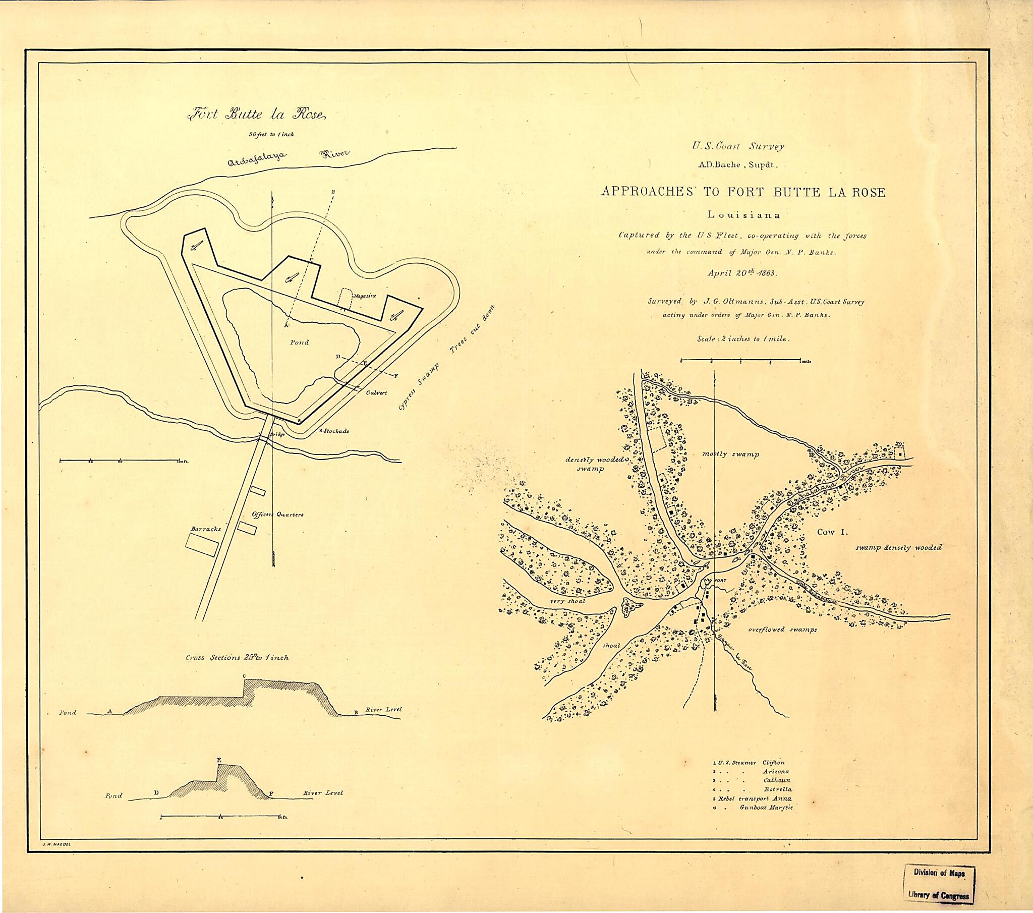 This old map of Approaches to Fort Butte La Rose, Louisiana from 1863 was created by J. G. Oltmanns, United States Coast Survey in 1863