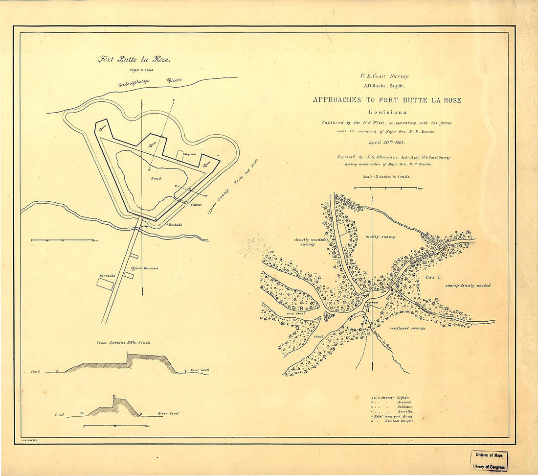 This old map of Approaches to Fort Butte La Rose, Louisiana from 1863 was created by J. G. Oltmanns, United States Coast Survey in 1863