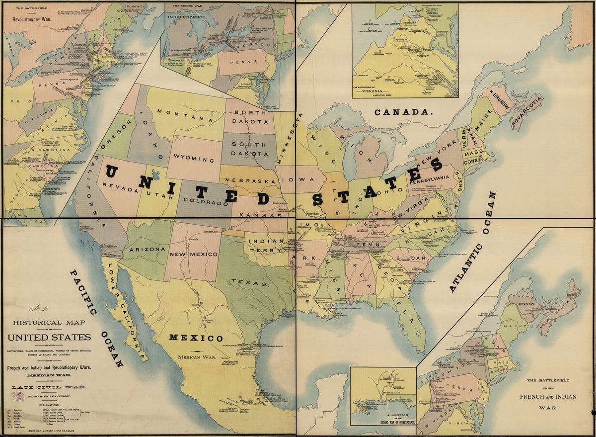 Historical Map of the United States Indicating Battlefields, Names of Commanders, Number of Troops Engaged, Number of Killed and Captured During French and Indian and Revolutionary Wars, Mexican War, and the Late Civil War 1890 by Relic Map Company