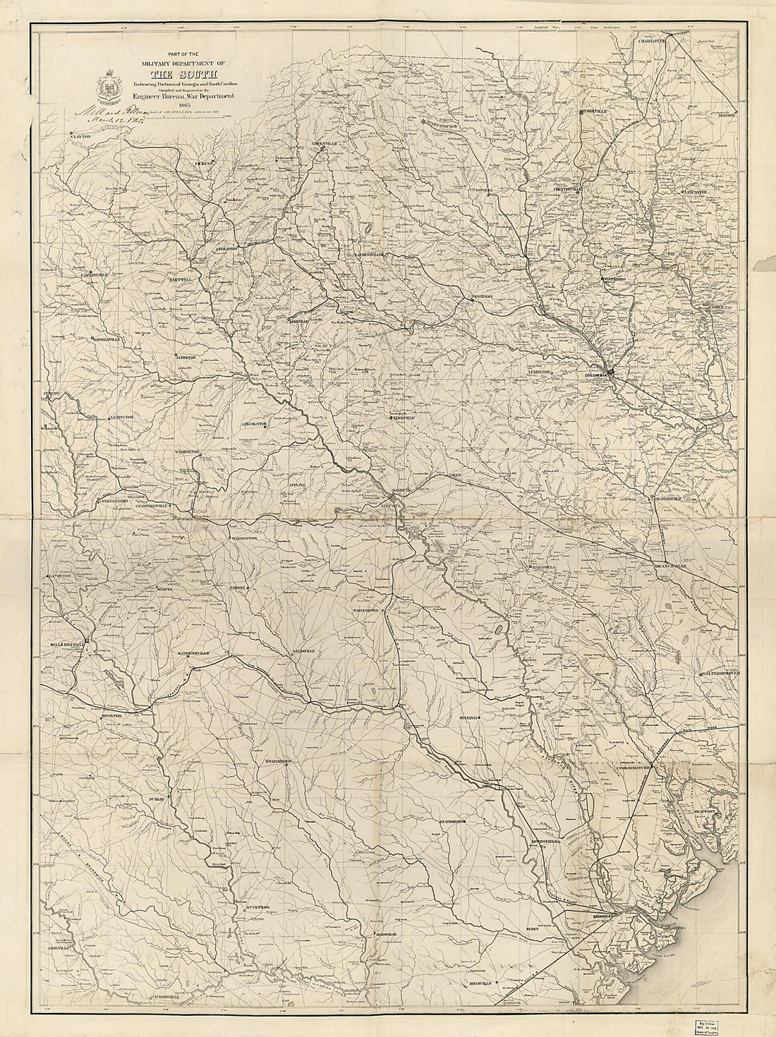 This old map of Part of the Military Department of the South, Embracing Portions of Georgia and South Carolina, and Part of the Military Department of North Carolina from 1865 was created by Millard Fillmore, United States. Army. Corps of Engineers in 1