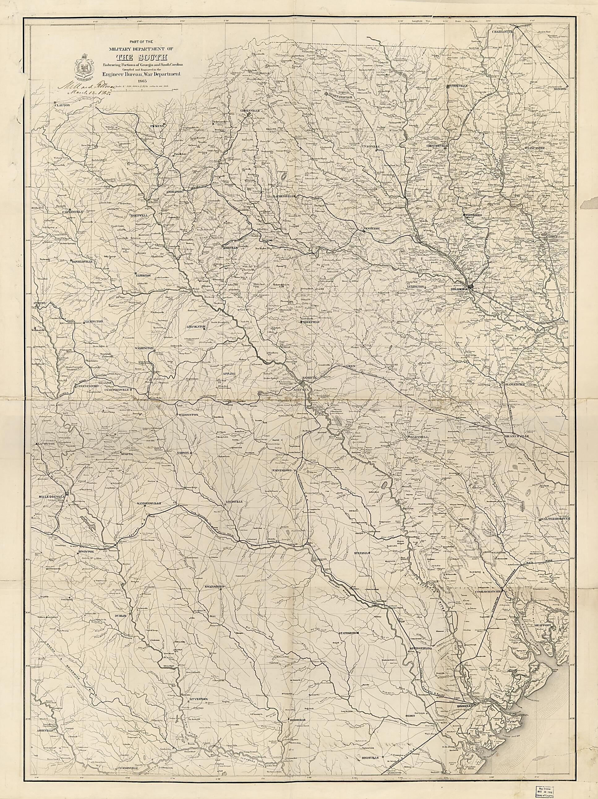 This old map of Part of the Military Department of the South, Embracing Portions of Georgia and South Carolina, and Part of the Military Department of North Carolina from 1865 was created by Millard Fillmore, United States. Army. Corps of Engineers in 1