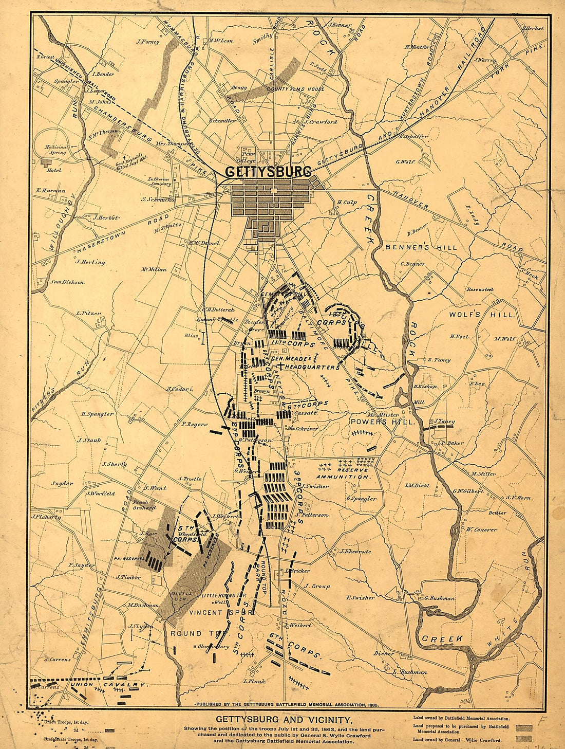 This old map of Gettysburg and Vicinity, Showing the Position of the Troops July 1st and 3rd, from 1863, and the Land Purchased and Dedicated to the Public by General S. Wylie Crawford and the Gettysburg Battlefield Memorial Association was created by G