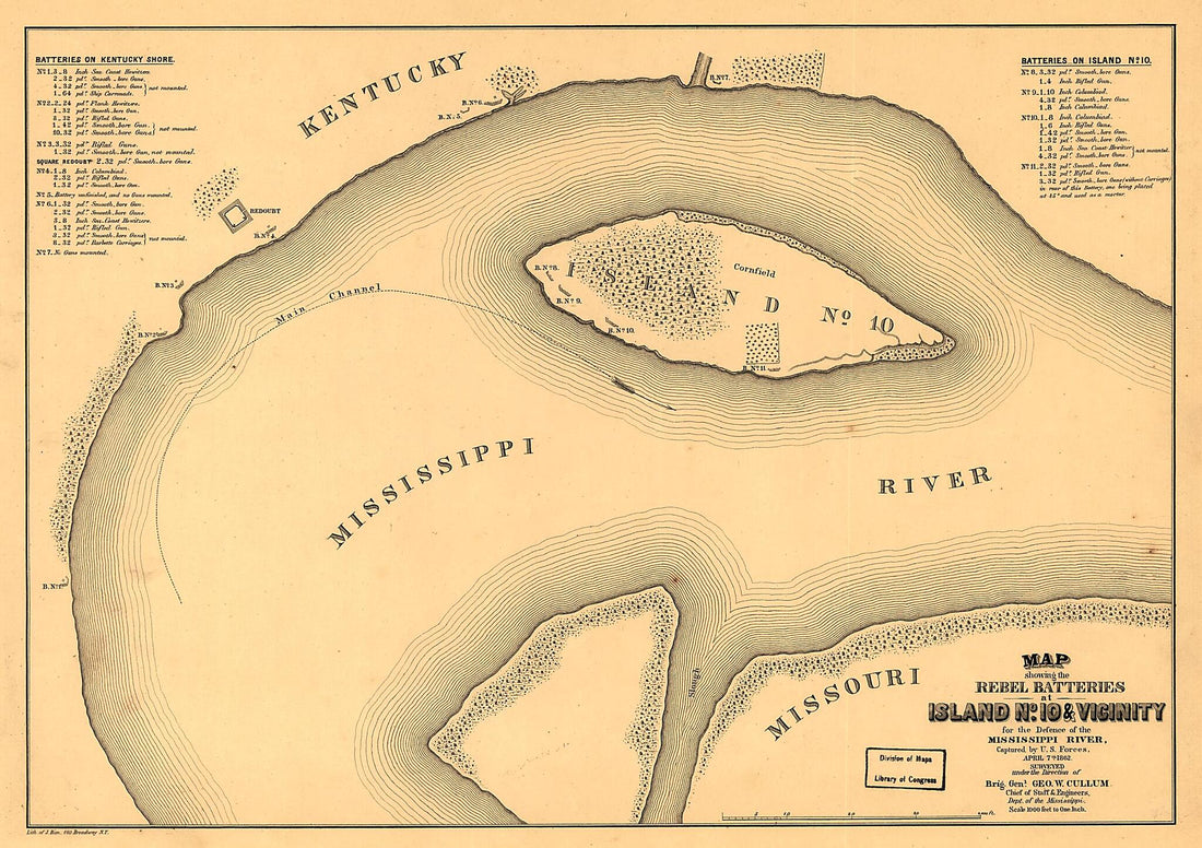 This old map of Map Showing the Rebel Batteries at Island No. 10 & Vicinity for the Defence of the Mississippi River, Captured by U.S. Forces, April 7th from 1862 was created by George W. (George Washington) Cullum in 1862
