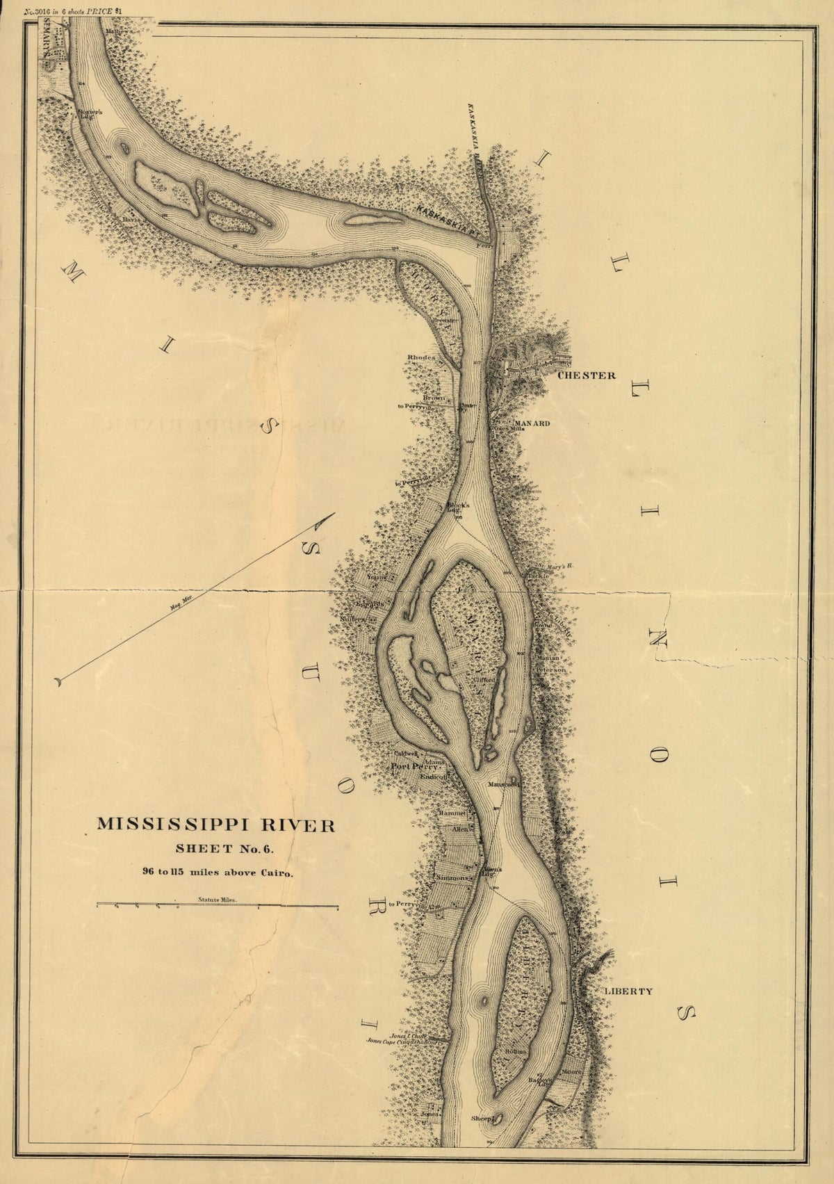 Mississippi River from Cairo Ill. to St. Marys Mo. In VI Sheets 1865 by Relic Map Company