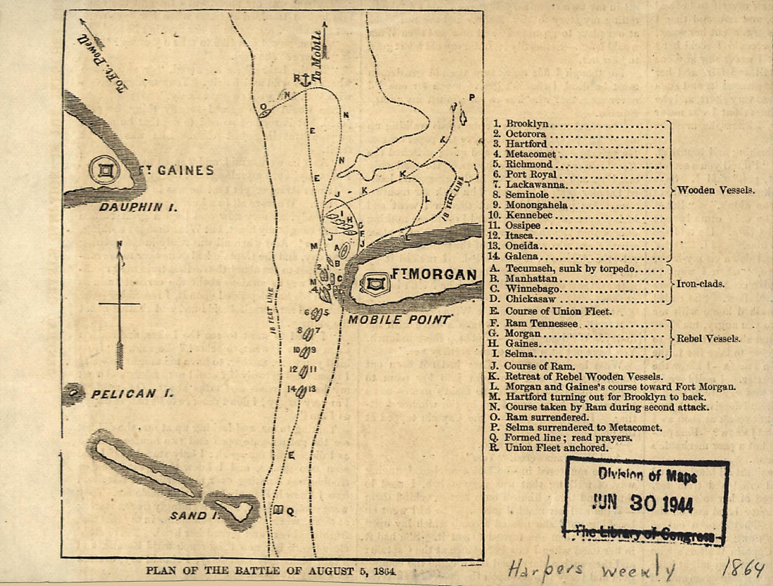 This old map of Plan of the Battle of August 5, from 1864. Mobile Bay was created by in 1864
