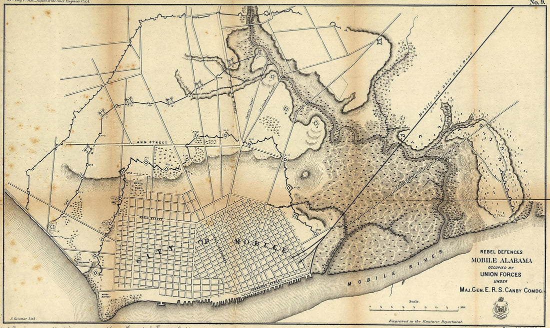 This old map of Rebel Defences, Mobile, Alabama, Occupied by Union Forces Under Maj. Gen. E.R.S. Canby Comdg from 1866 was created by United States. Army. Corps of Engineers in 1866