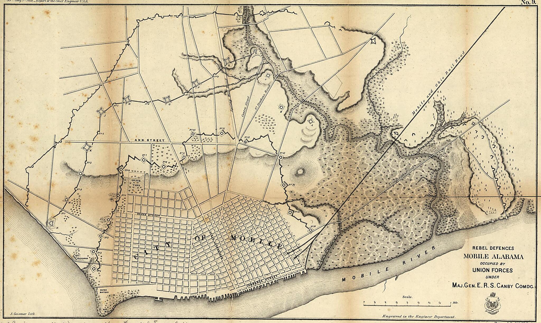 This old map of Rebel Defences, Mobile, Alabama, Occupied by Union Forces Under Maj. Gen. E.R.S. Canby Comdg from 1866 was created by United States. Army. Corps of Engineers in 1866