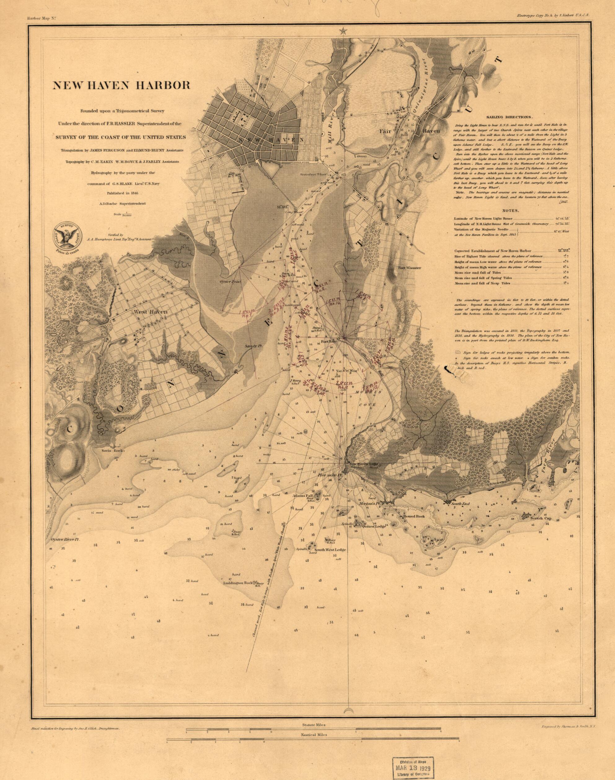 This old map of New Haven Harbor from 1860 was created by Edmund M. (Edmund March) Blunt, James Ferguson, F. R. Hassler, United States Coast Survey in 1860