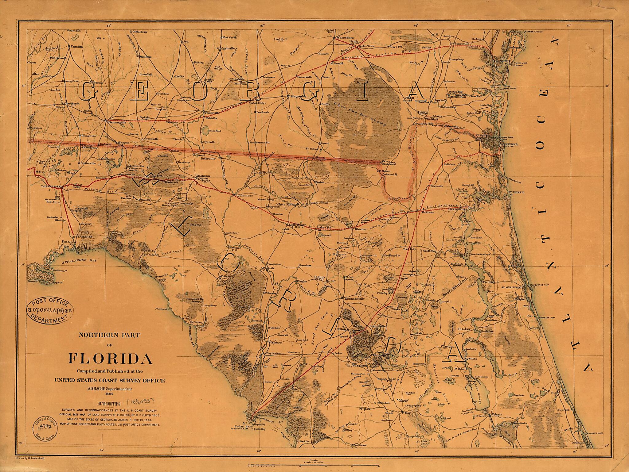 This old map of Northern Part of Florida from 1864 was created by H. (Henry) Lindenkohl, United States Coast Survey in 1864