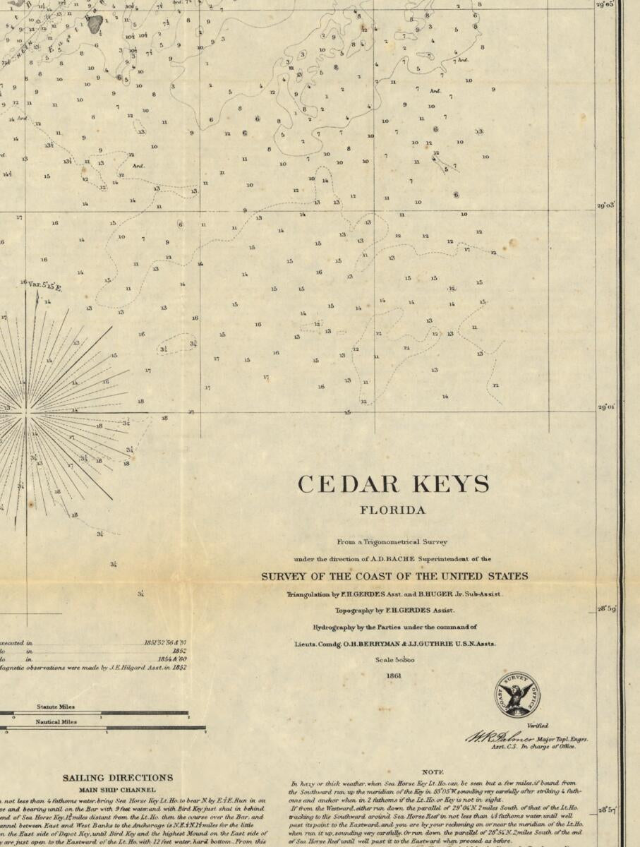 This old map of Cedar Keys, Florida from 1861 was created by A. D. (Alexander Dallas) Bache, O. H. Berryman, F. H. Gerdes, J. J. Guthrie, B. Huger,  United States Coast Survey in 1861