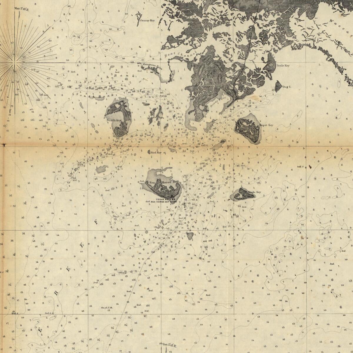 This old map of Cedar Keys, Florida from 1861 was created by A. D. (Alexander Dallas) Bache, O. H. Berryman, F. H. Gerdes, J. J. Guthrie, B. Huger,  United States Coast Survey in 1861