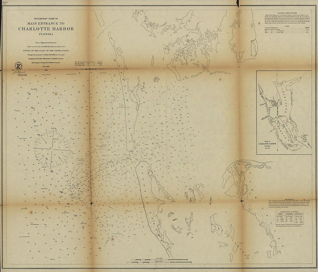 This old map of Preliminary Chart of Main Entrance to Charlotte Harbor, Florida from 1863 was created by United States Coast Survey in 1863