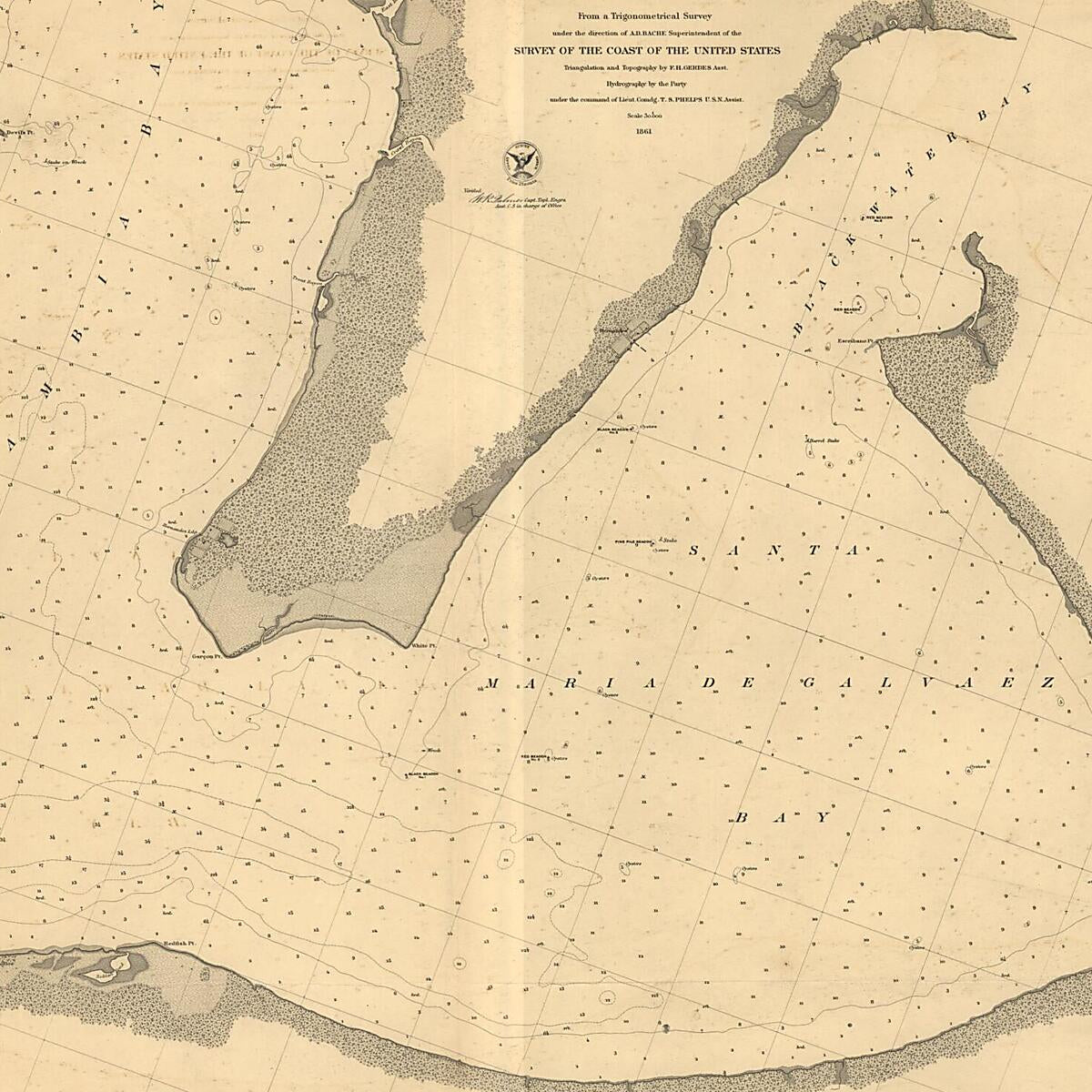 This old map of Preliminary Chart of Escambia and Santa Maria De Galvaez i.e., East Bays, Florida from 1861 was created by  United States Coast Survey in 1861