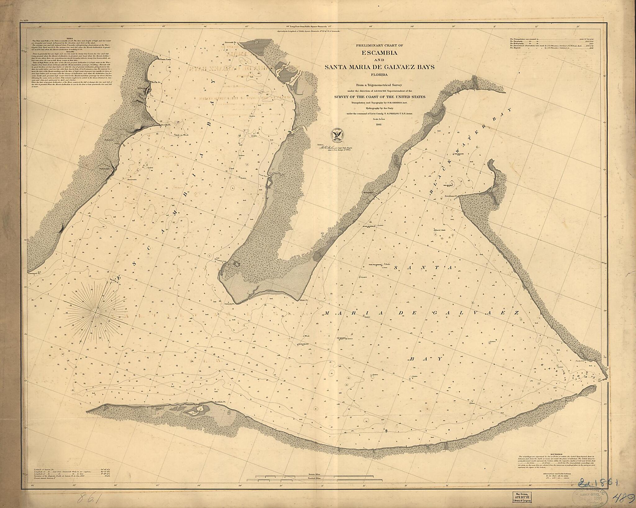 This old map of Preliminary Chart of Escambia and Santa Maria De Galvaez i.e., East Bays, Florida from 1861 was created by United States Coast Survey in 1861