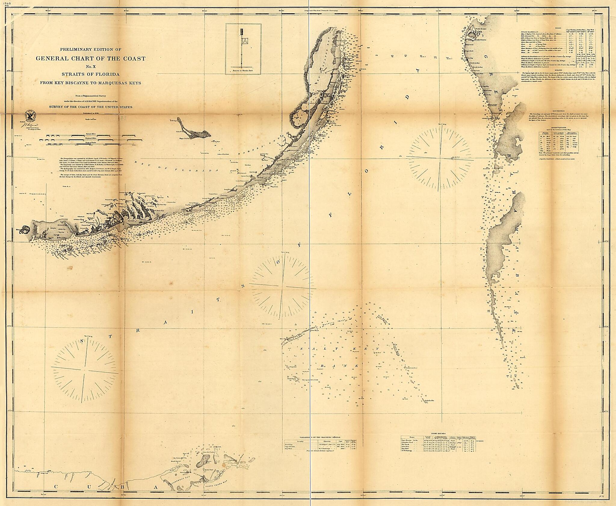 This old map of Preliminary Edition of General Chart of the Coast No. X, Sraits of Florida from Key Biscayne to Marquesas Keys from 1862 was created by A. D. (Alexander Dallas) Bache, United States Coast Survey in 1862