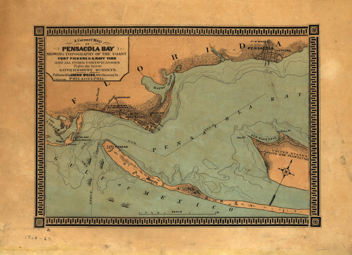 A Correct Map of Pensacola Bay Showing Topography of the Coast, Fort Pickens, U.S. Navy Yard, and All Other Fortifications from the Latest Government Surveys 1860 by Relic Map Company