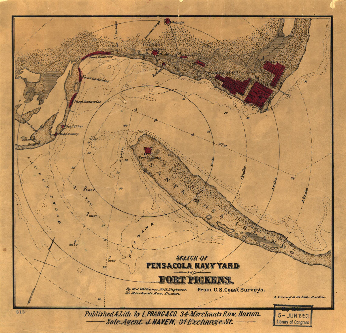 Sketch of Pensacola Navy Yard and Fort Pickens from U.S. Coast Surveys 1860 by Relic Map Company