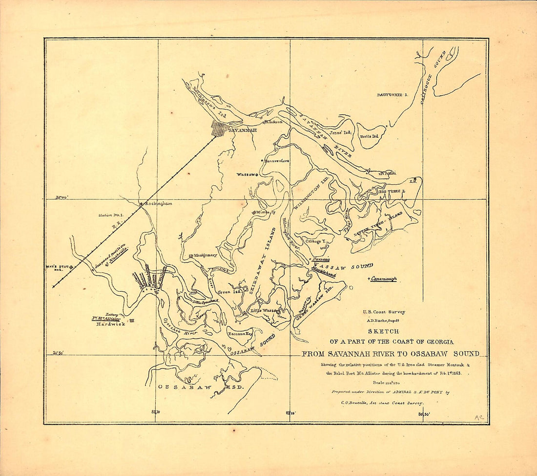 This old map of Sketch of a Part of the Coast of Georgia from Savannah River to Ossabaw Sound Showing the Relative Positions of the U.S. Iron Clad Steamer Montauk & the Rebel Fort McAllister During the Bombardment of Feb 1st from 1863 was created by Char
