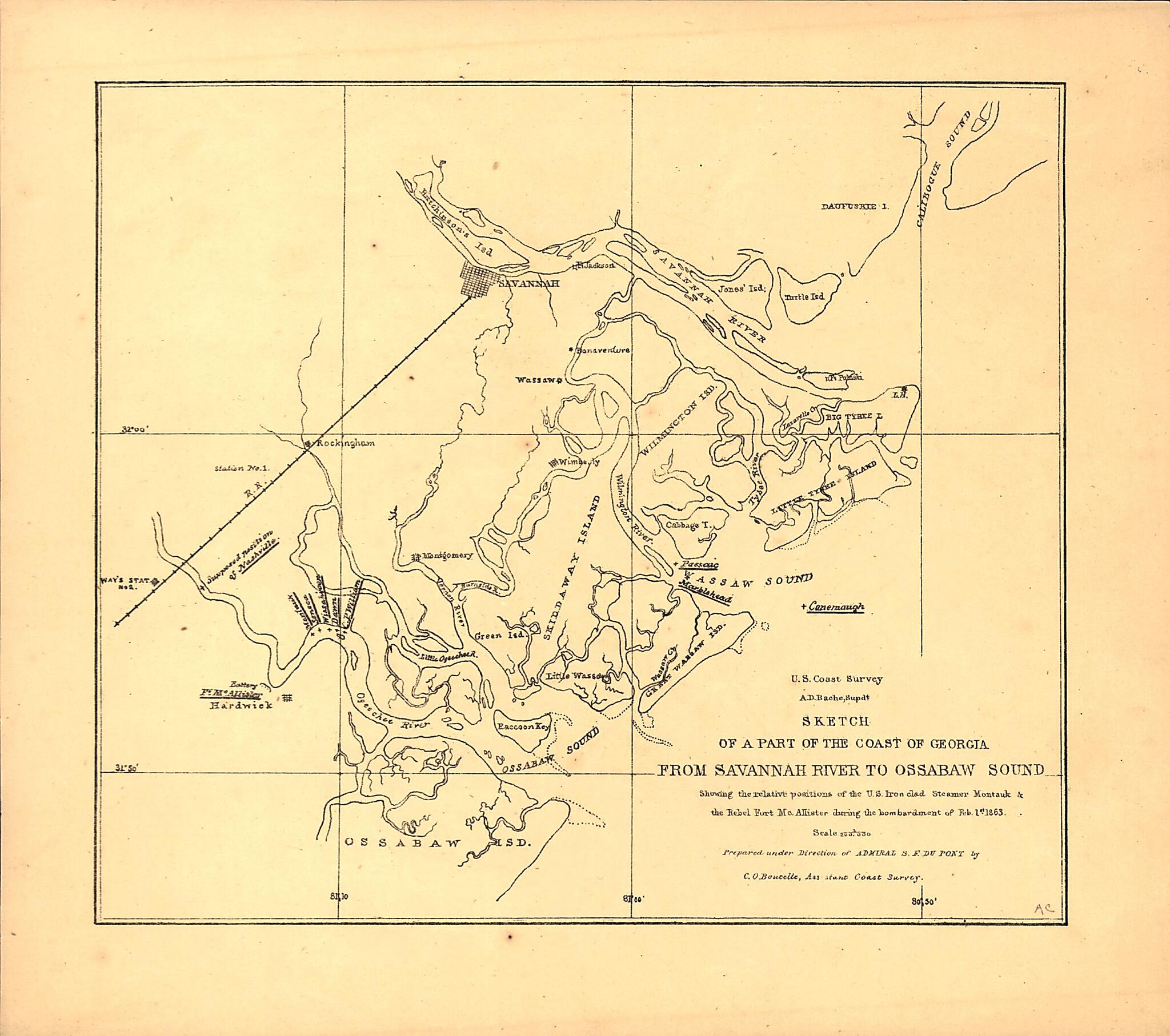 This old map of Sketch of a Part of the Coast of Georgia from Savannah River to Ossabaw Sound Showing the Relative Positions of the U.S. Iron Clad Steamer Montauk & the Rebel Fort McAllister During the Bombardment of Feb 1st from 1863 was created by Char