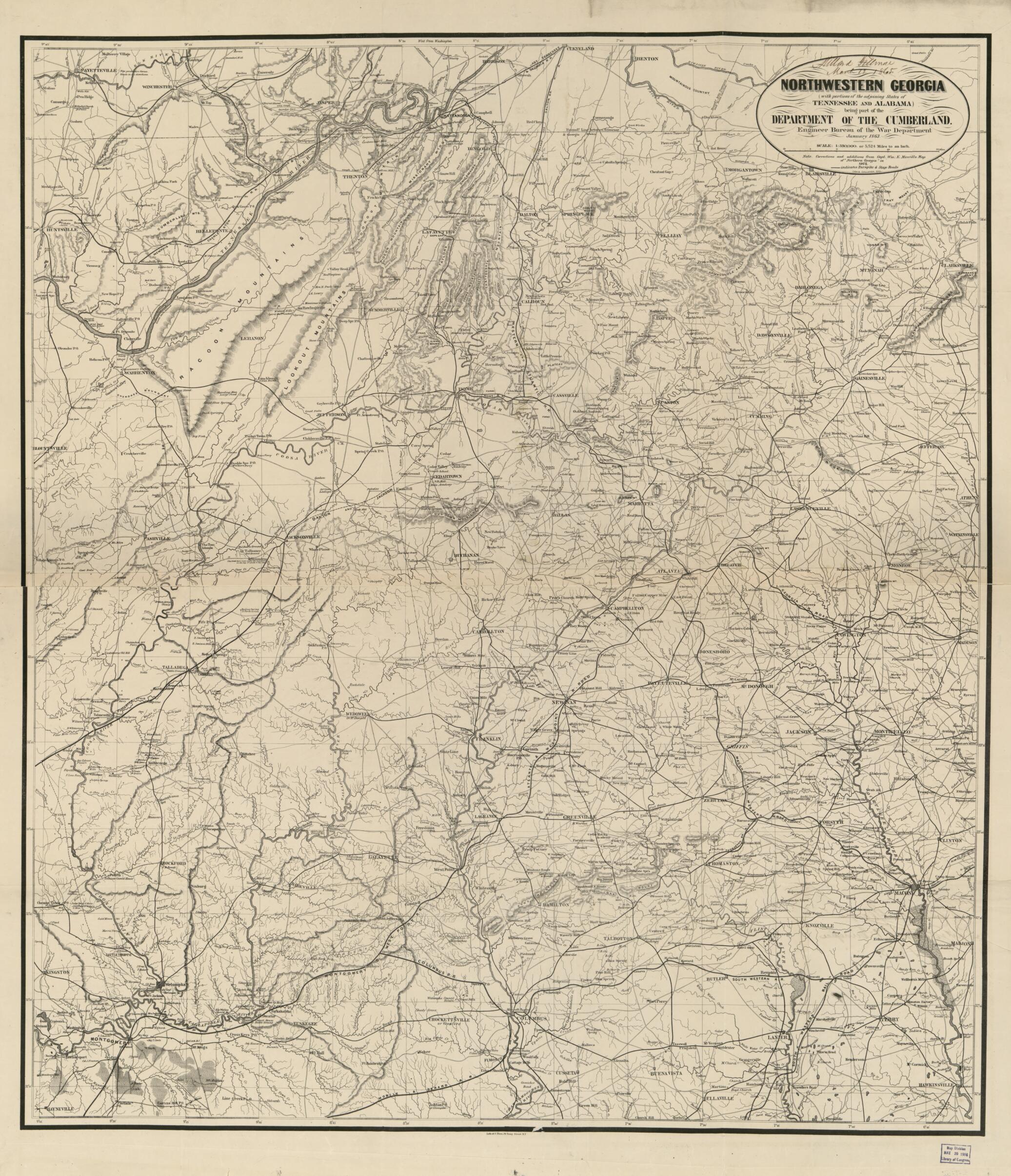 This old map of Northwestern Georgia (with Portions of the Adjoining States of Tennessee and Alabama) Being Part of the Department of the Cumberland from 1864 was created by Denis Callahan, Millard Fillmore, United States. War Department. Engineer Burea