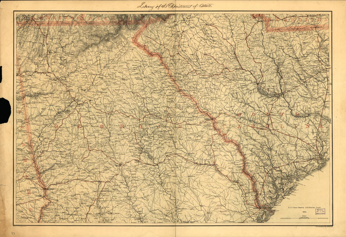 This old map of Northern Georgia and Western and Central South Carolina from 1865 was created by A. Lindenkohl, United States Coast Survey in 1865