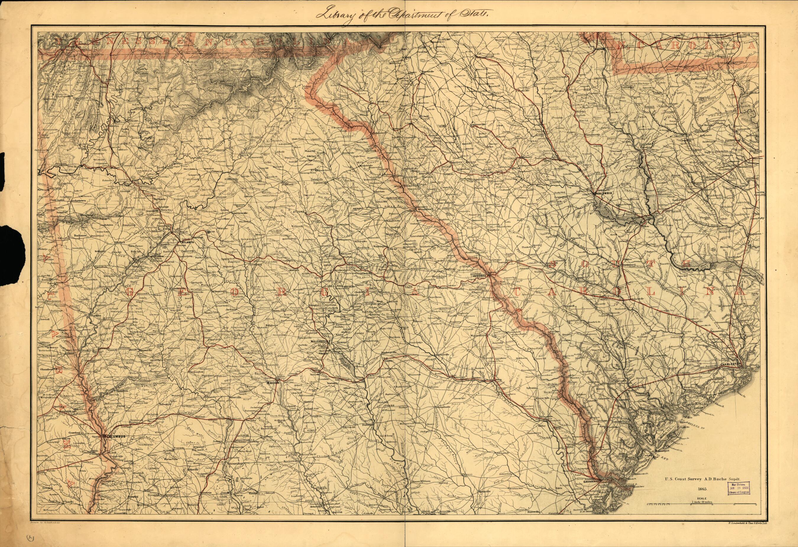 This old map of Northern Georgia and Western and Central South Carolina from 1865 was created by A. Lindenkohl, United States Coast Survey in 1865