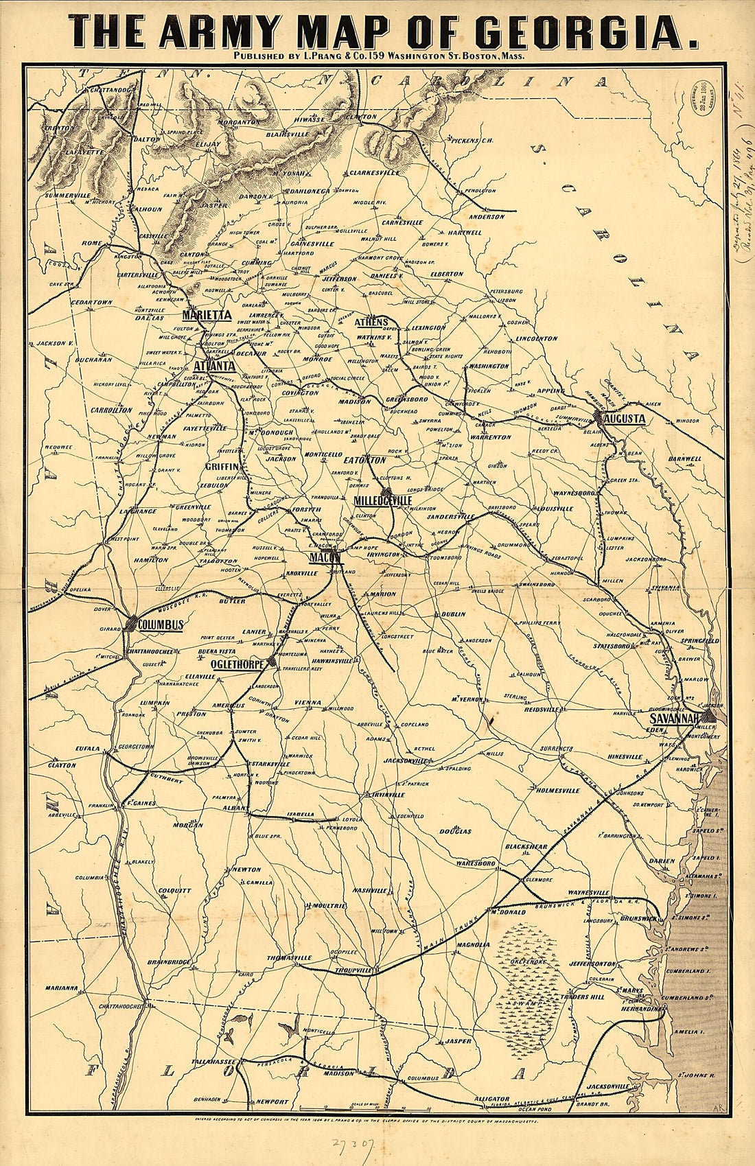 This old map of The Army Map of Georgia from 1864 was created by Louis Prang and Company in 1864