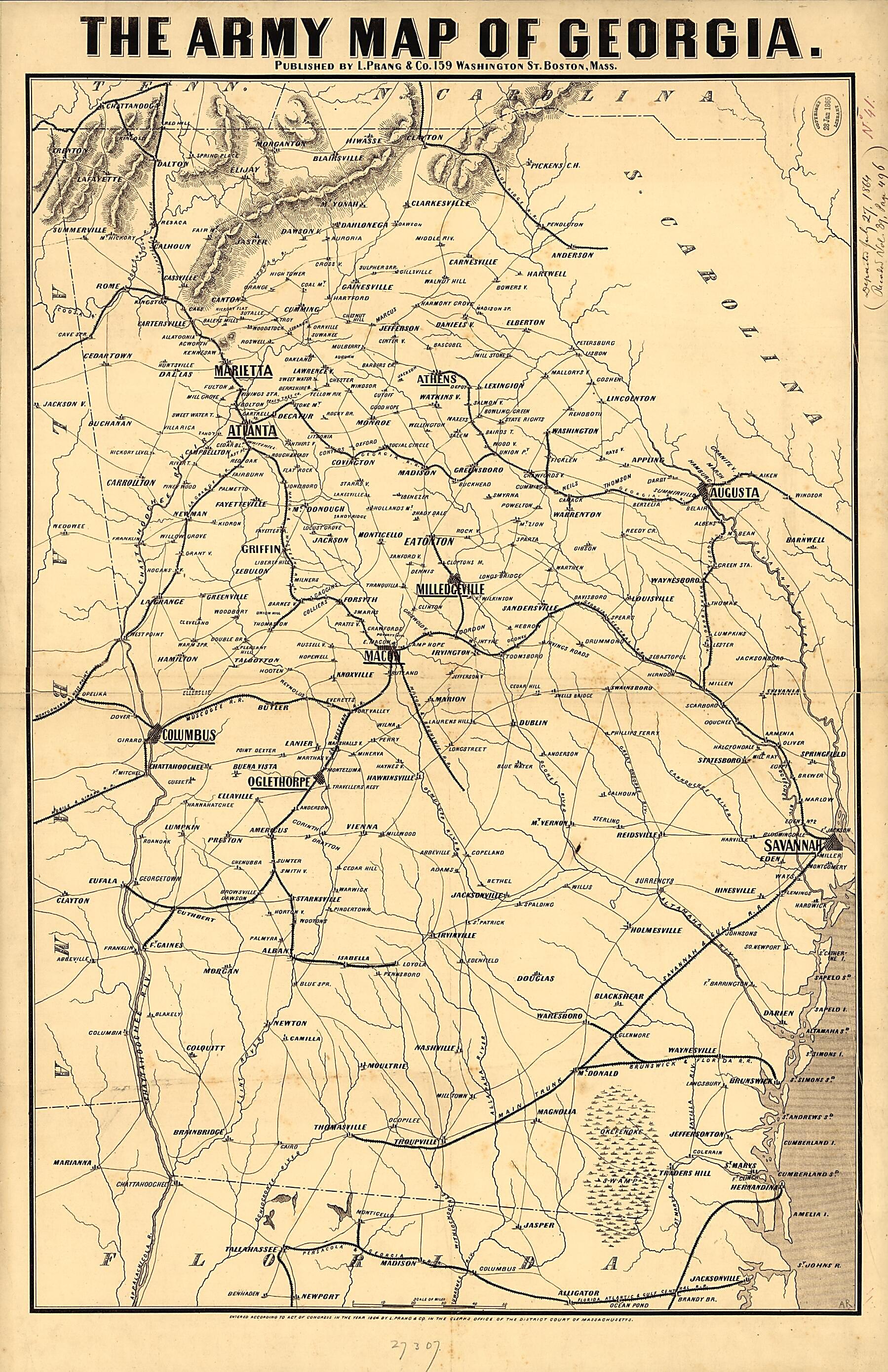 This old map of The Army Map of Georgia from 1864 was created by Louis Prang and Company in 1864