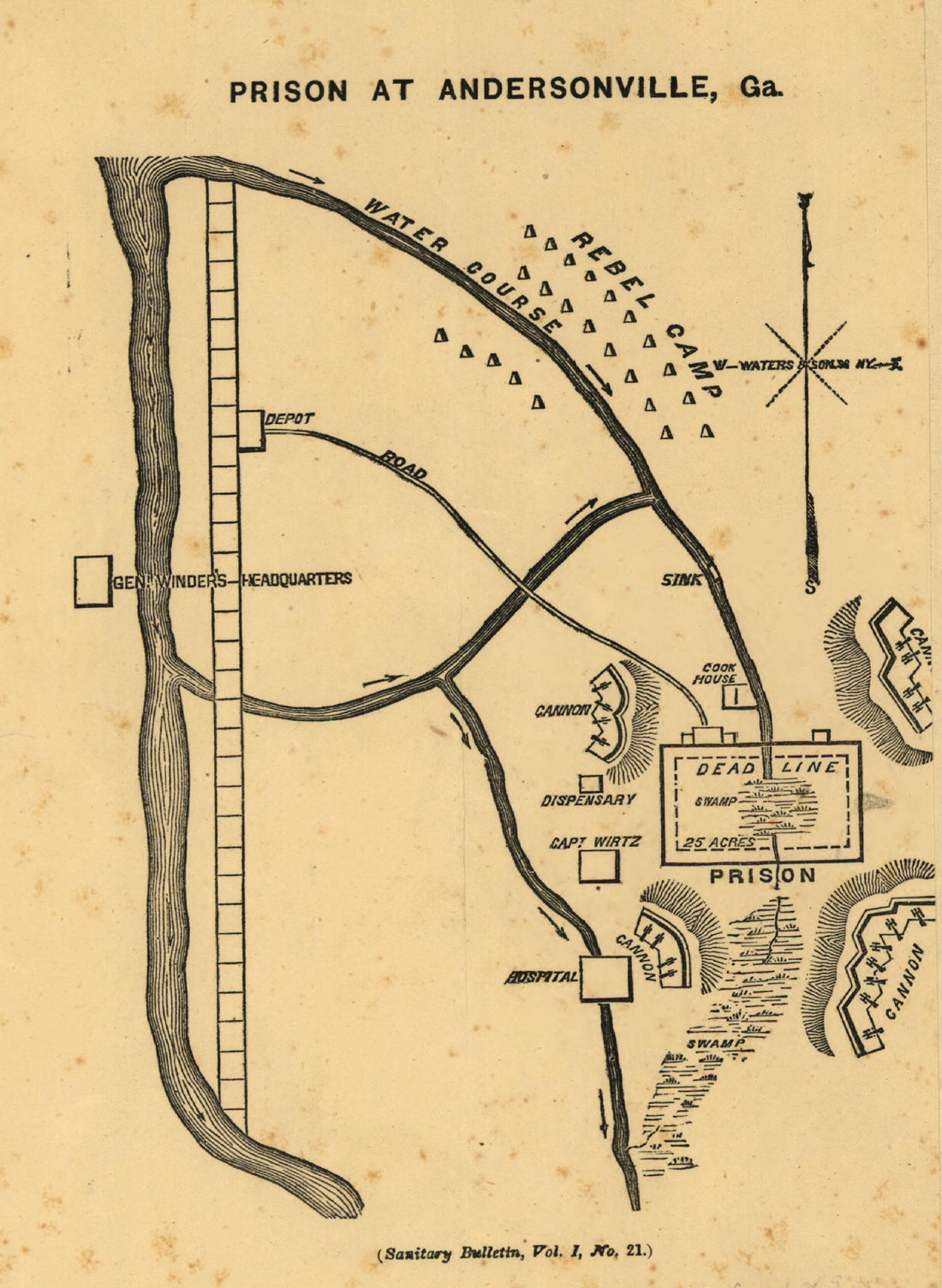 This old map of Prison at Andersonville, Georgia from 1864 was created by United States Sanitary Commission in 1864