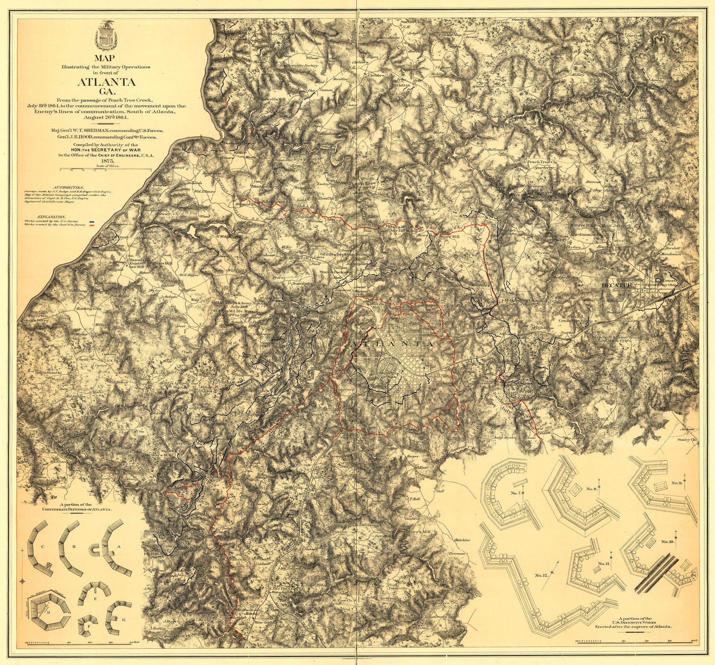 This old map of Map Illustrating the Military Operations In Front of Atlanta, Georgia from the Passage of Peach Tree Creek, July 19th 1864, to the Commencement of the Movement Upon the Enemy&