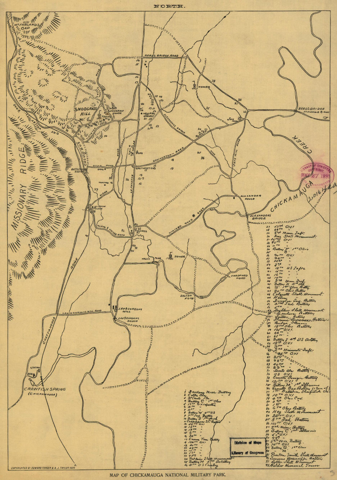 This old map of Map of Chickamauga National Military Park from 1895 was created by Edward Ferger, A. J. Taylor in 1895