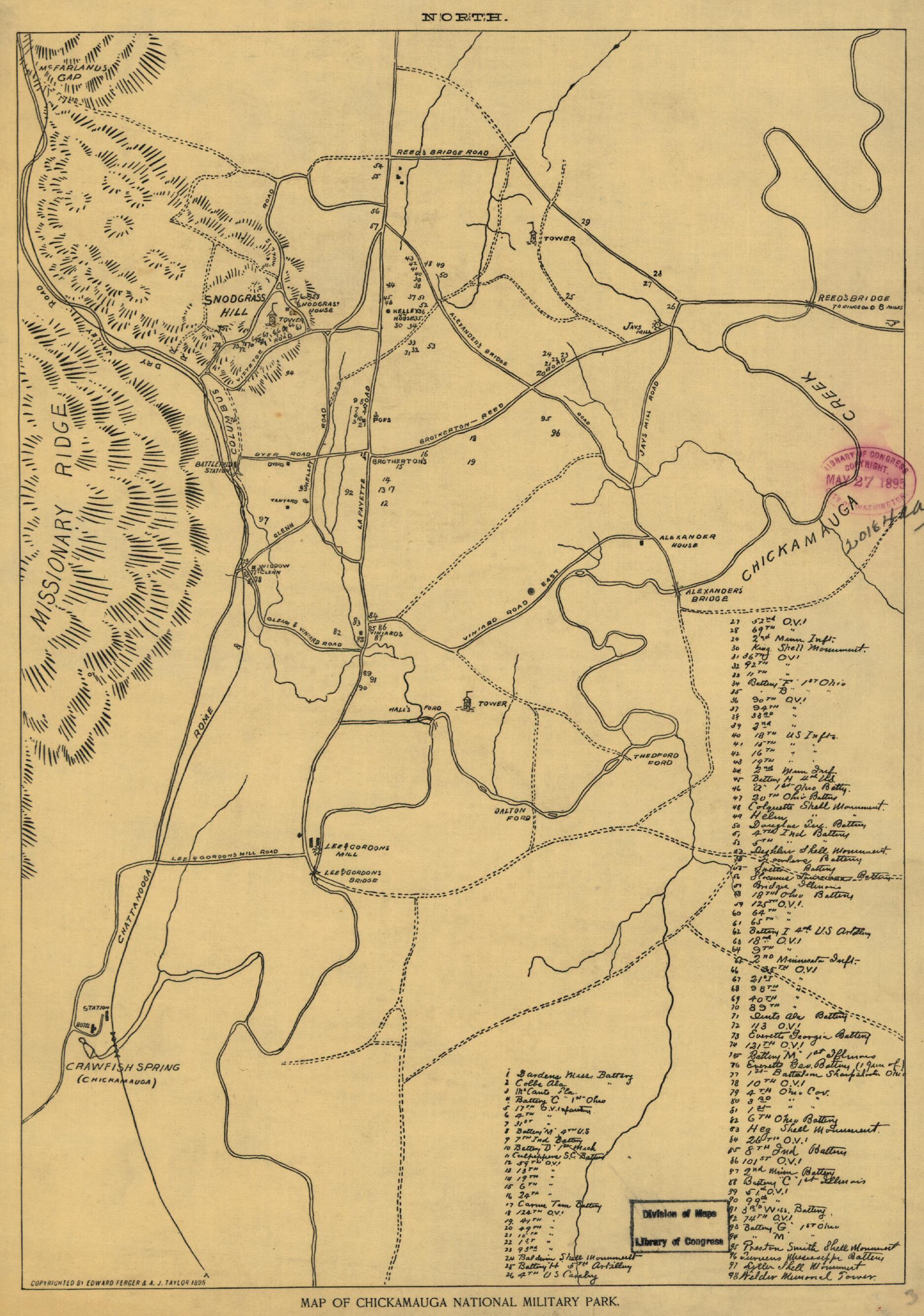 This old map of Map of Chickamauga National Military Park from 1895 was created by Edward Ferger, A. J. Taylor in 1895