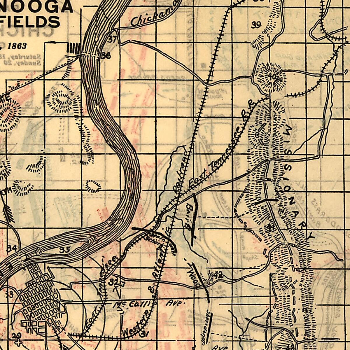 This old map of Fields, November, 1863. Orchard Knob, 23d, Lookout Mountain, 24th, Missionary Ridge, 25th from 1898 was created by Charles W. Norwood in 1898